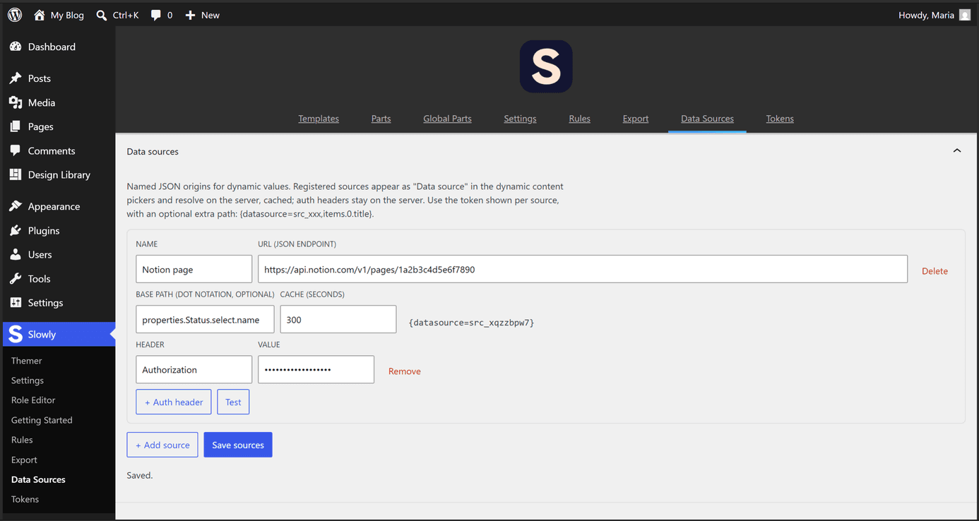 The Data Sources page with a Notion page source filled in: URL, base path, cache, a masked Authorization header, and its datasource token