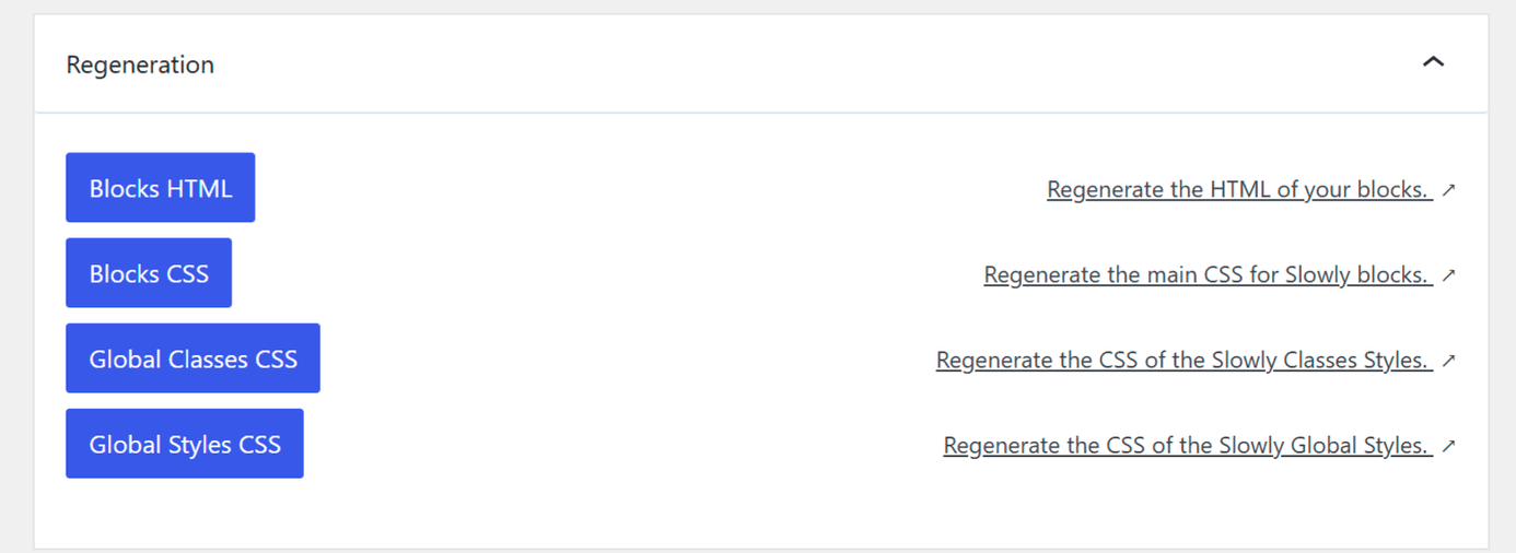 The Regeneration panel with the Blocks HTML, Blocks CSS, Global Classes CSS, and Global Styles CSS buttons