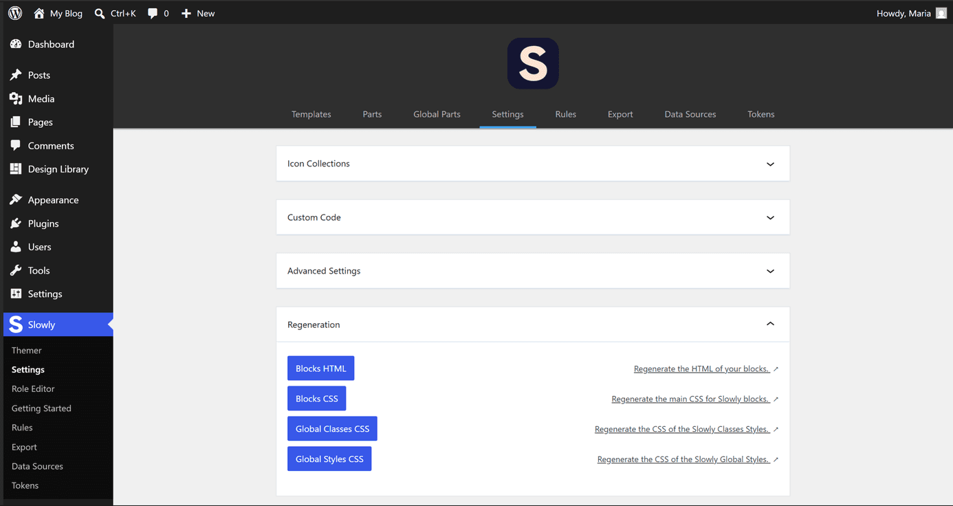 The Slowly Settings screen with the Icon Collections, Custom Code, Advanced Settings, and Regeneration sections