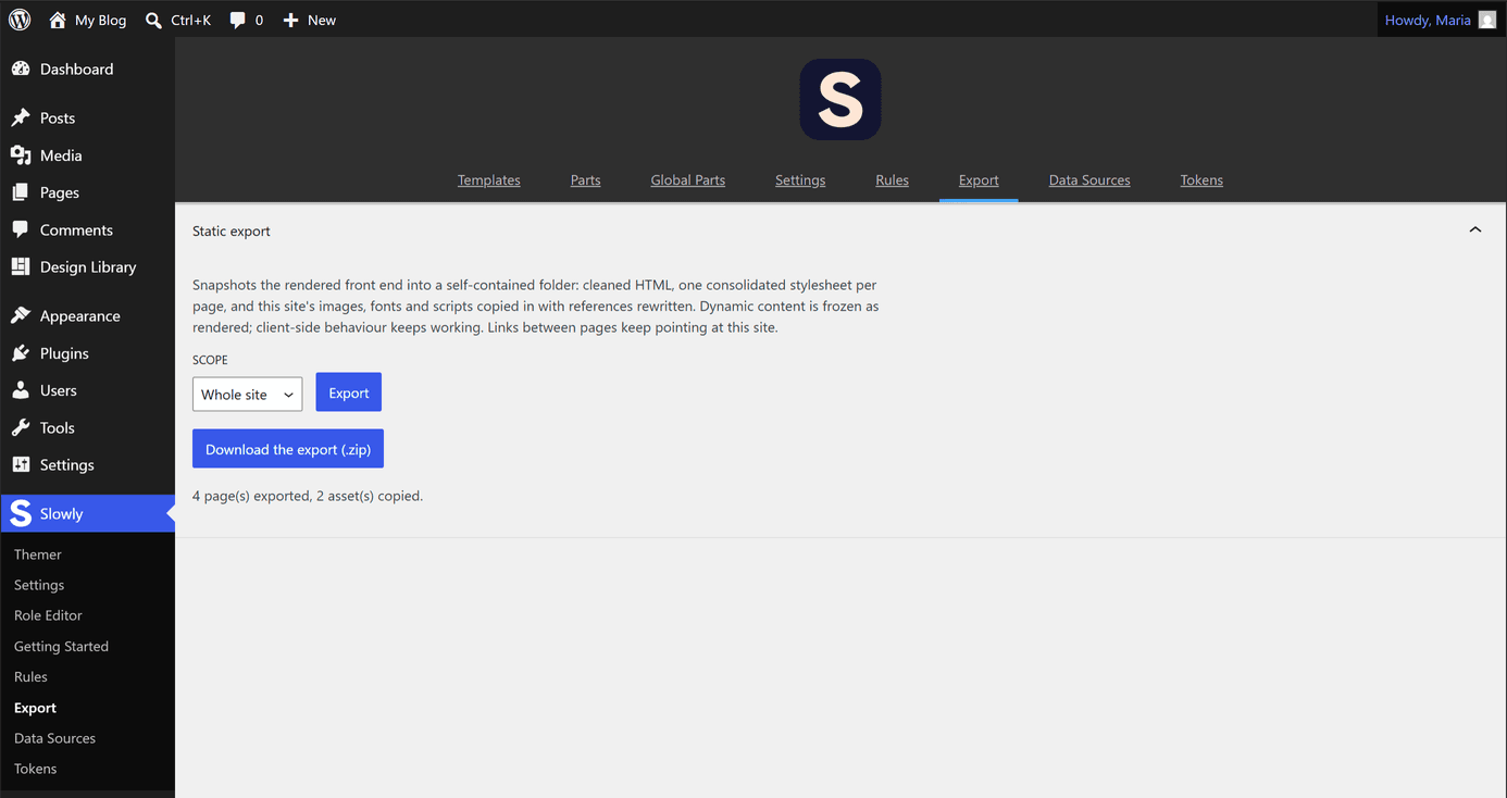 The finished export: pages and assets counted, the download button ready