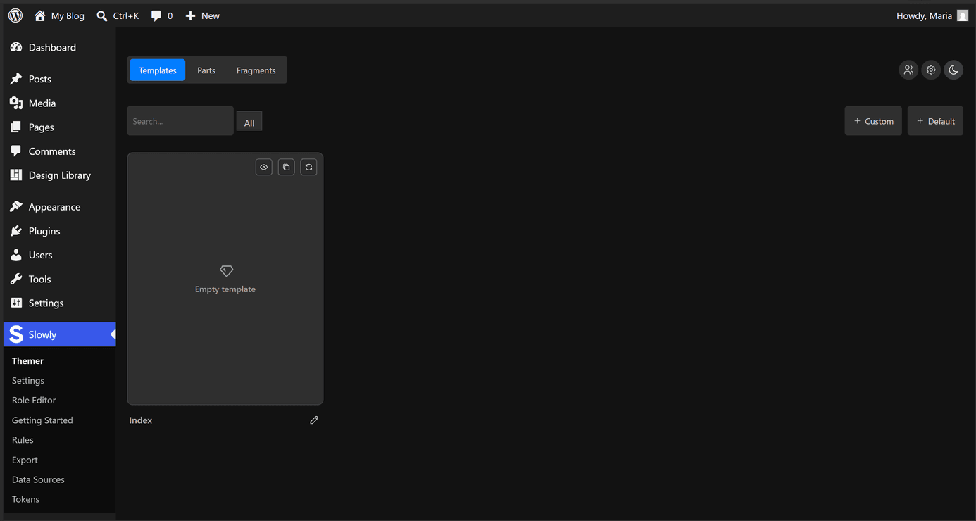 The Themer screen with the Templates, Parts, and Fragments tabs, showing a template card