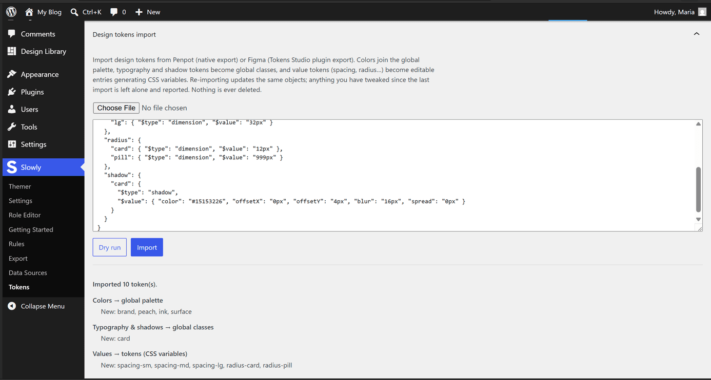 The Tokens import page with a pasted token file and the import report: colors to the global palette, a shadow to global classes, spacing and radius values to CSS-variable tokens