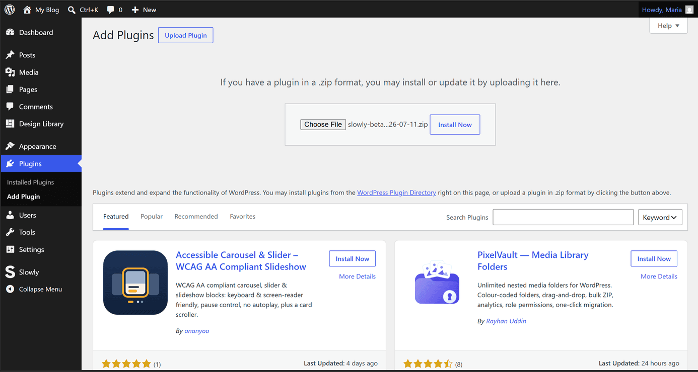 The WordPress Add Plugins screen with the Slowly zip chosen next to the Upload Plugin button